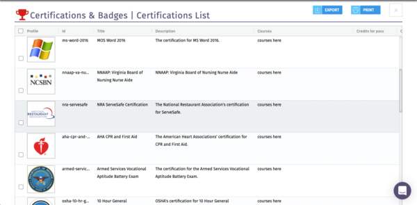 An image of MARi’s Certification Tracking module, showing which certifications a student has earned and the courses they have taken to complete a requirement.